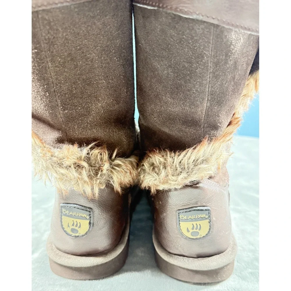 Bearpaw Sheilah Boots Womens 12 Brown Suede Faux Fur Trim Mid Calf